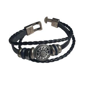 Braided Black Leather Bracelet Silver Wheel Charm Clasp Adjustable Jewelry Men
